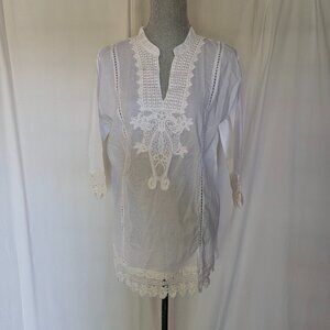 AnJli  Women Lace and embroidered White Cotton  long sleeve boho tunic top 38